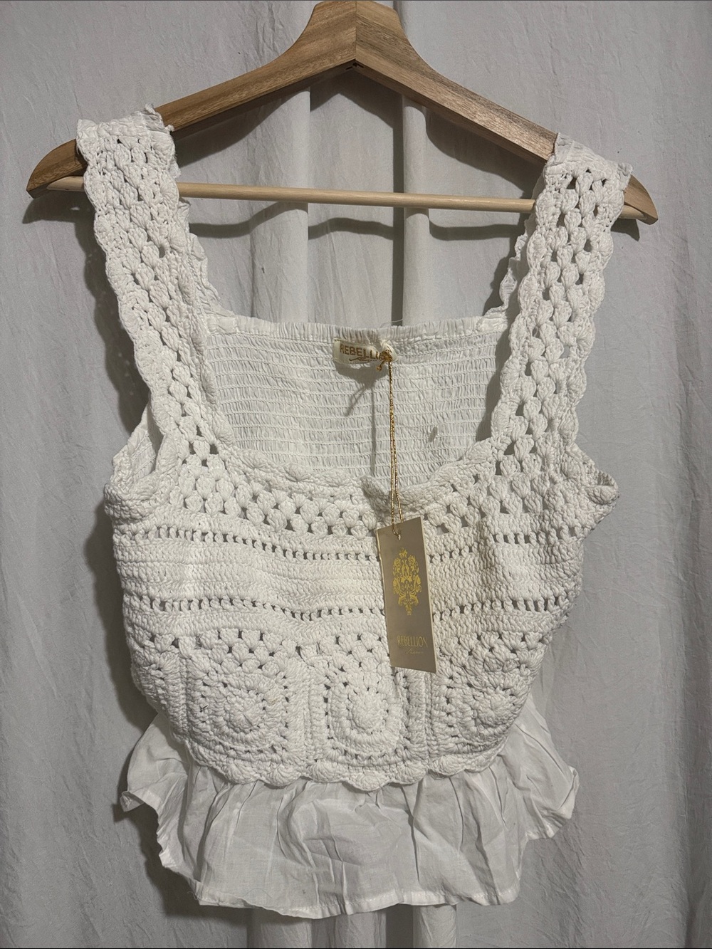 Rebellion White Crochet Peplum Camisole medium